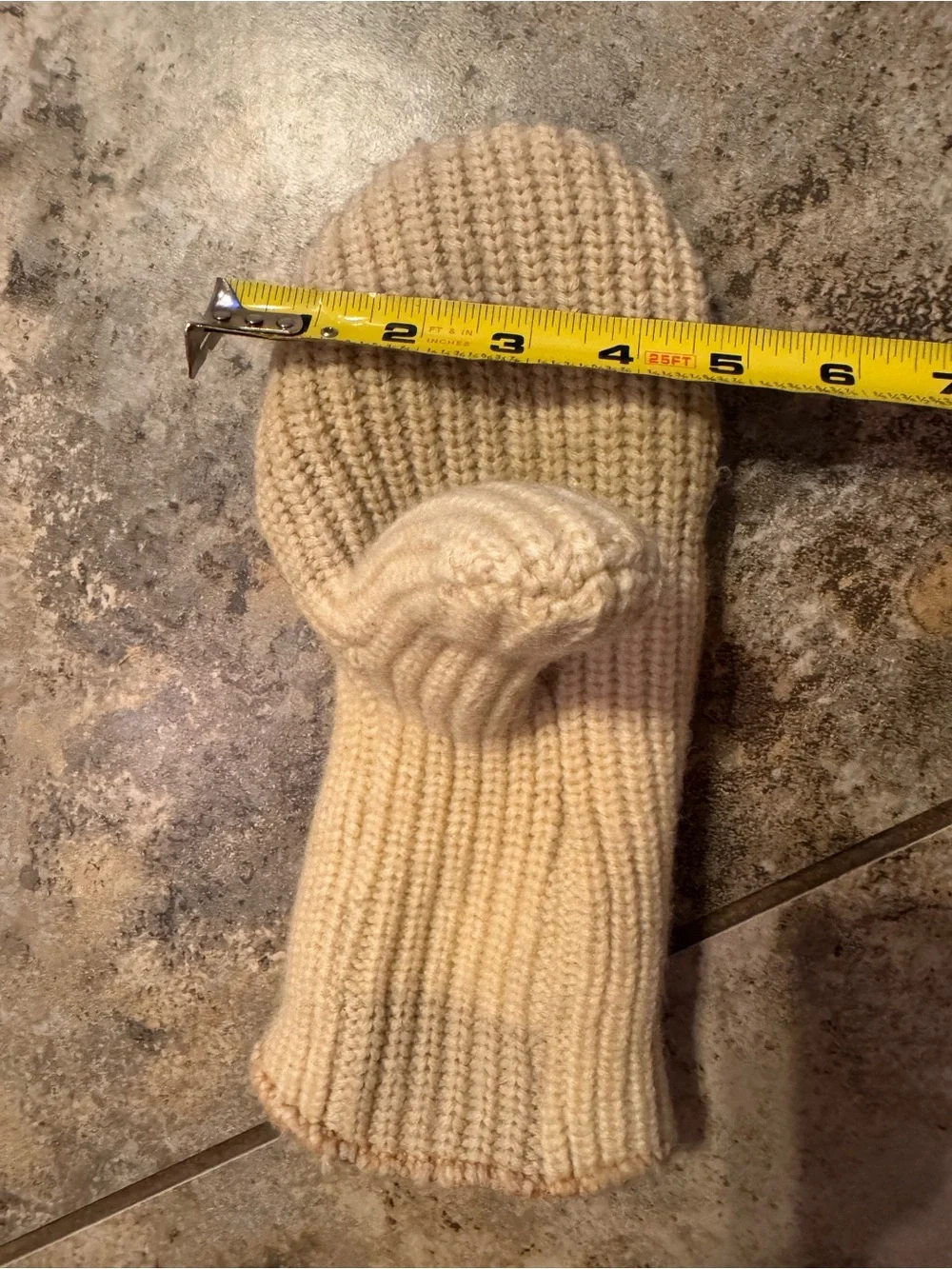 Adult pair of vintage cream-colored ribbed knit 100% wool mittens size medium